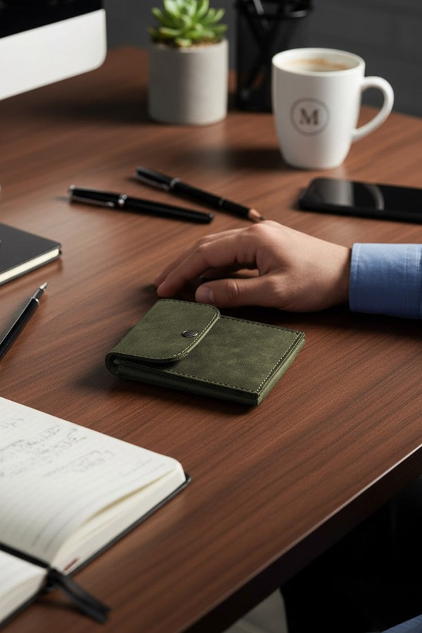 Süet Suni Deri Cüzdan Haki