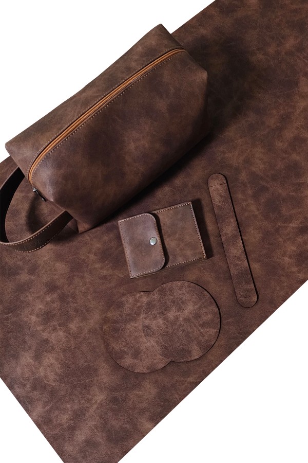 Özel Tasarım Çalışma Seti Süet Suni Deri / Masa Pedi - El Çantası - Cüzdan - Bardak Altlığı / Kahve