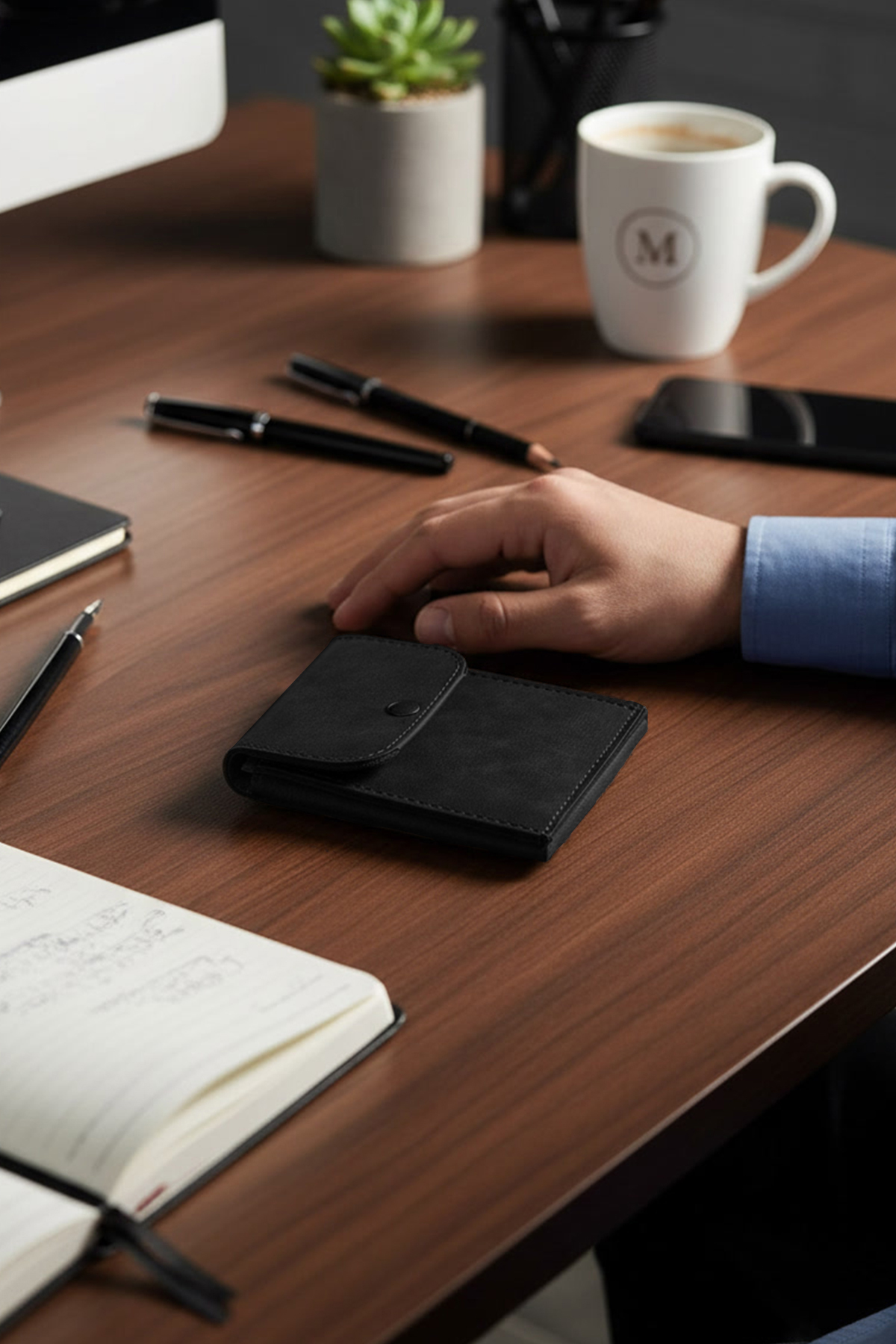 Özel Tasarım Çalışma Seti Süet Suni Deri / Masa Pedi - El Çantası - Cüzdan - Bardak Altlığı / Siyah